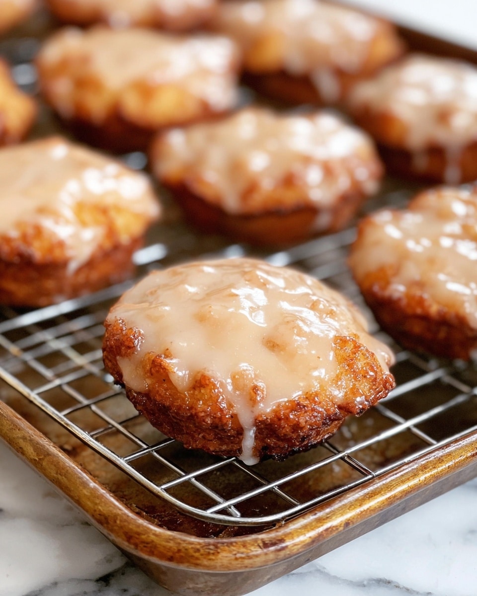 A white plate holds a stack of five golden-brown, fried apple fritters. Each fritter has an uneven, crispy texture with small bumps and pockets, coated generously with thick, creamy white glaze that drips down the sides and pools slightly on the plate. The fritters are layered slightly overlapping, showing some bits of apple inside. In the blurred background, there is a tray of shiny red and yellow apples, all set on a white marbled texture surface. The photo taken with an iphone --ar 4:5 --v 7