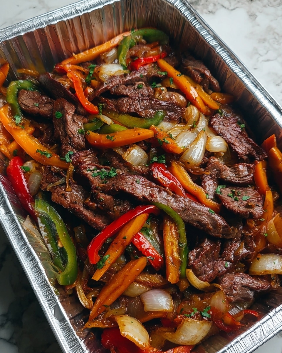 A close-up of a large aluminum tray filled with a colorful stir-fry dish showing three main layers; the bottom layer is bright orange and yellow carrot sticks with green bell pepper slices, the middle layer consists of light yellow and purple onion pieces mixed with green herbs, and the top layer has tender brown beef strips coated in a shiny sauce, all mixed together with the vegetables in a glossy, savory glaze. The tray is placed on a white marbled texture. photo taken with an iphone --ar 4:5 --v 7