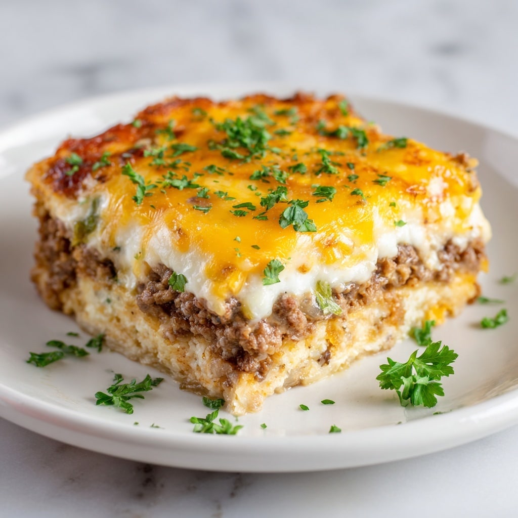 A close-up of a square piece of cheesy casserole on a white plate, showing at least three distinct layers: a soft, light beige bottom layer that looks like biscuit or dough, a middle layer filled with browned ground beef mixed with small green bits, and a top layer of melted cheese blending white and bright yellow-orange colors, slightly bubbling and uneven with some firm spots; small green parsley leaves are sprinkled on top and around the plate for garnish, all set on a white marbled surface with a blurred fork in the background. photo taken with an iphone --ar 4:5 --v 7