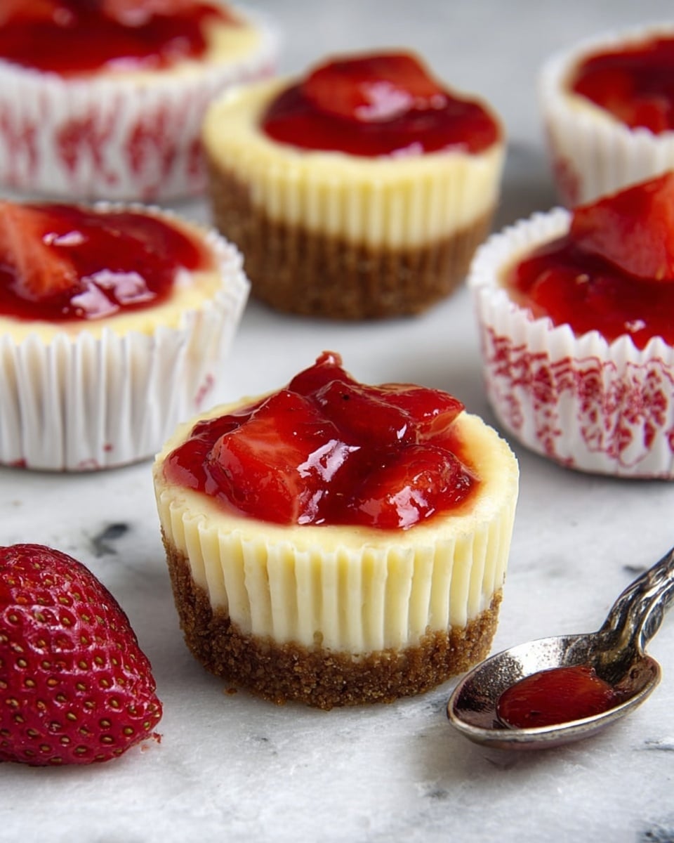 The image shows small cheesecakes with three distinct layers. The bottom layer is a crumbly, light brown crust. The middle layer is a creamy, pale yellow cheesecake filling that looks smooth and soft. The top layer is a glossy, bright red strawberry topping with chunks of fruit, placed generously on the cheesecake surface. One cheesecake is cut in half, showing the three layers clearly. Nearby, a spoon holds extra shiny strawberry topping, and a few strawberries are also in the scene. Everything is placed on a white marbled textured surface. Photo taken with an iphone --ar 4:5 --v 7