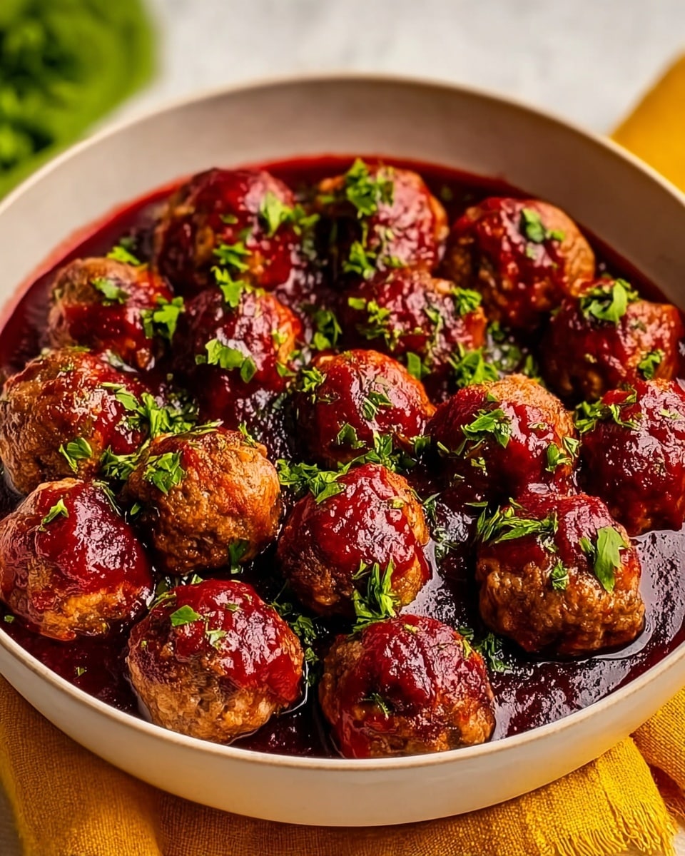 A white bowl filled with round meatballs covered in a thick, dark red sauce with a glossy texture, some of the meatballs partially dipped in the sauce while others are more fully coated. Bright green chopped herbs are sprinkled on top of the meatballs, adding a fresh contrast. The background features a slightly blurred green hue suggesting fresh ingredients, all sitting on a white marbled surface with a burlap cloth underneath the bowl. photo taken with an iphone --ar 4:5 --v 7