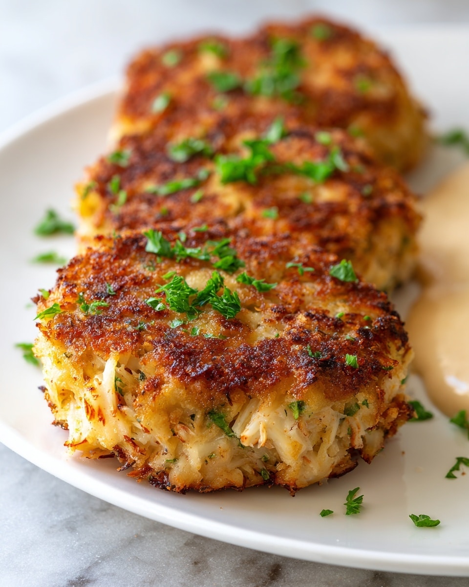 The image shows three crab cakes arranged in a row on a white plate set on a white marbled surface. Each crab cake has a thick golden-brown and crispy outer layer with a slightly rough texture, showing bits of crab meat inside. The crab cakes are garnished with small fresh green parsley pieces scattered on top, adding a touch of color contrast. The crab cakes look juicy inside with a mix of creamy and flaky textures visible along the edges. A small portion of a light-colored creamy dipping sauce is partially visible on the right side of the plate. Photo taken with an iphone --ar 4:5 --v 7