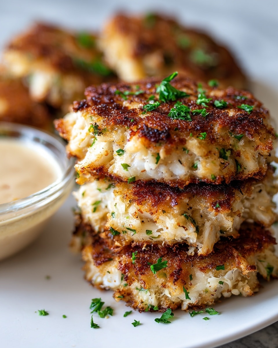 The image shows a stack of three golden-brown crab cakes on a white plate set on a white marbled surface. Each crab cake is thick and crispy with a rough texture from the breading, showing white crab meat mixed with finely chopped green herbs inside. The crab cakes are topped with small pieces of fresh green parsley. To the left of the stack, there is a small clear glass bowl filled with a creamy beige dipping sauce. The background is softly blurred, focusing on the crab cakes in the front, with more crab cakes visible out of focus behind them. photo taken with an iphone --ar 4:5 --v 7