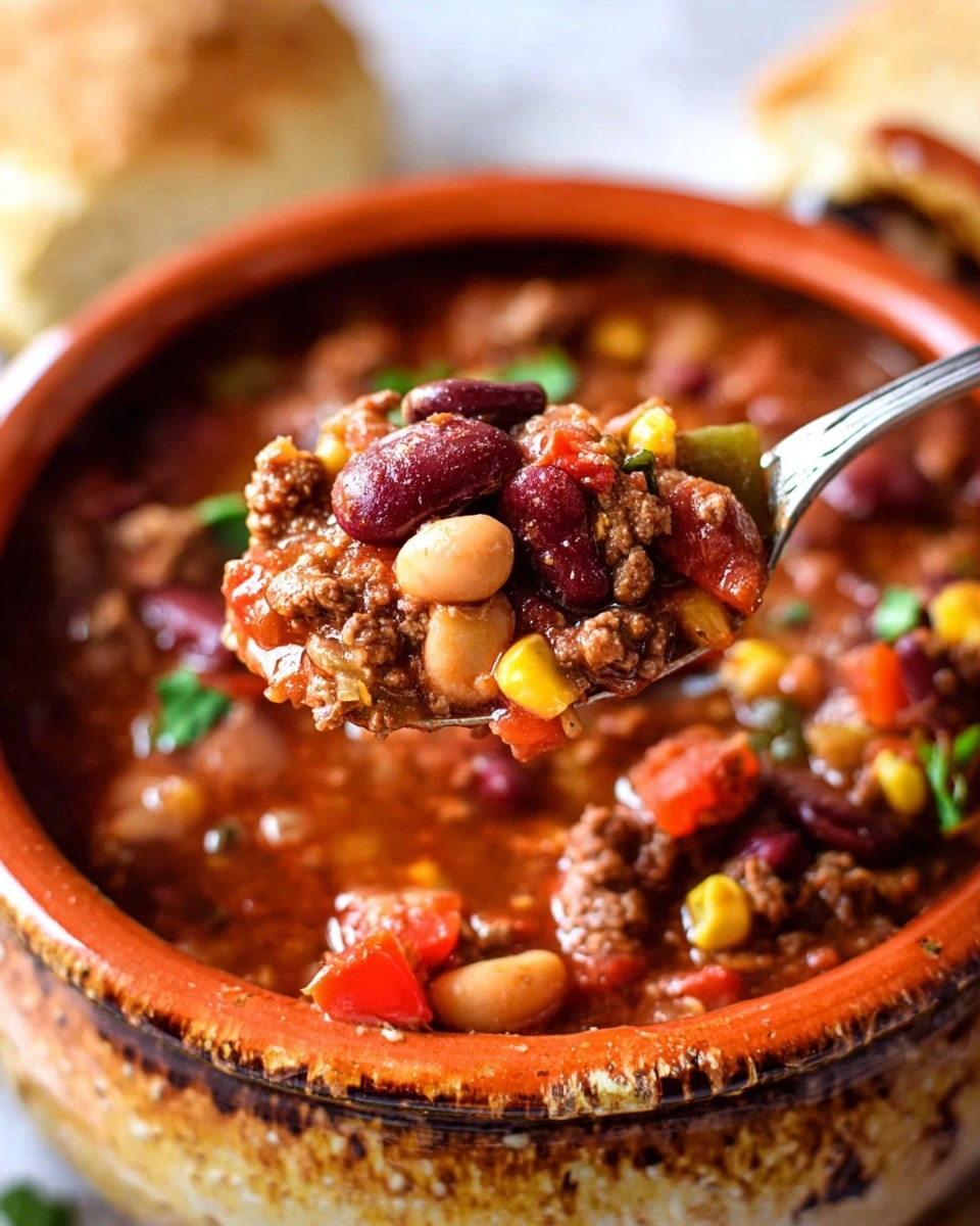 A close-up view of a thick stew served in a white bowl, filled with multiple layers including chunks of browned ground meat, red kidney beans, white beans, diced green peppers, pieces of carrots, and small bits of fresh green herbs scattered on top, all immersed in a rich reddish-brown broth. The texture shows chunks and beans floating with some oil glistening on the surface. The bowl is set on a white marbled texture with some blurred background elements visible, including bread rolls and another bowl of stew. Photo taken with an iphone --ar 4:5 --v 7