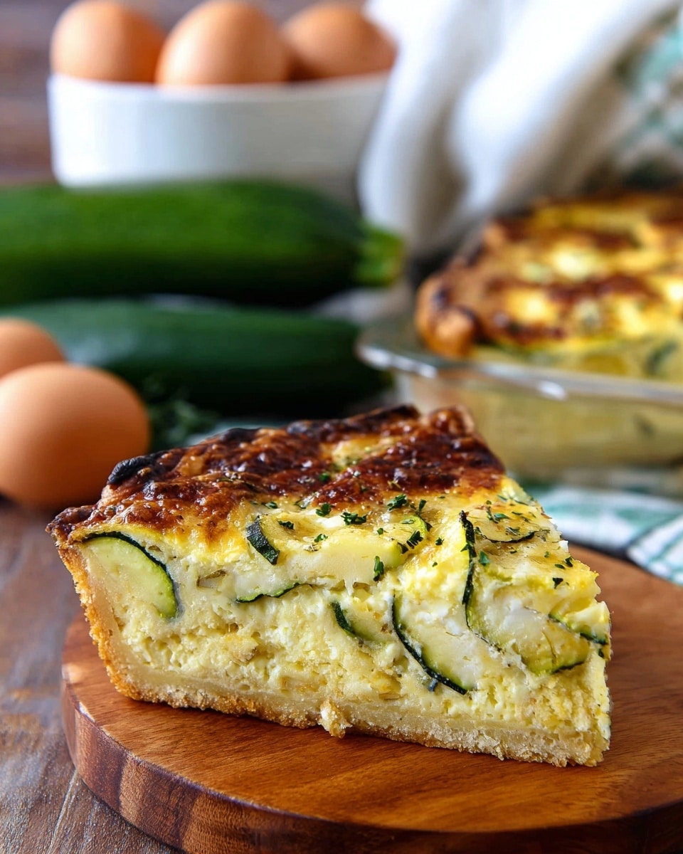 A baked zucchini casserole is shown in a clear glass baking dish on a white marbled surface. The dish has a thick golden-brown crust on the edges that rises slightly above the casserole. Inside, the casserole is a creamy yellow with melted cheese and soft zucchini pieces cut into half-moon shapes scattered evenly throughout. The zucchini pieces show varying shades of green with skin and pale flesh, mixed with bits of herbs and seasoning, giving a textured and slightly bumpy appearance on top. In the background, there is a white marbled surface with a white cloth and light blue bowl filled with eggs and a fresh zucchini partially visible. The photo taken with an iphone --ar 4:5 --v 7