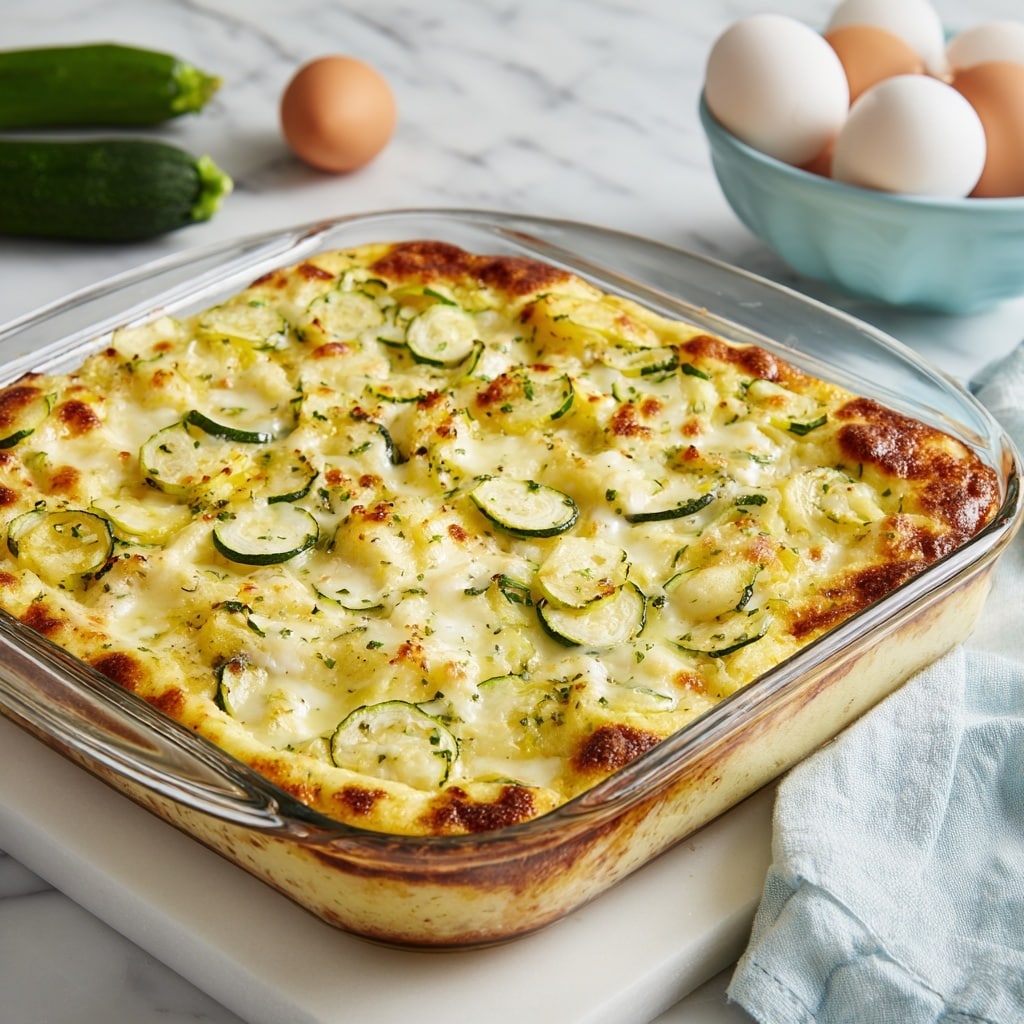 A thick slice of zucchini quiche rests on a wooden table, showing three main layers: a golden-brown, slightly crumbly crust at the bottom, a pale yellow egg mixture with green zucchini slices cooked within the middle layer, and a shiny, slightly browned melted cheese topping with specks of herbs on the top. Behind the slice, there’s a white fabric, green fresh zucchinis, a white bowl filled with eggs, and a glass baking dish with the rest of the quiche, all placed on a white marbled surface. Photo taken with an iphone --ar 4:5 --v 7