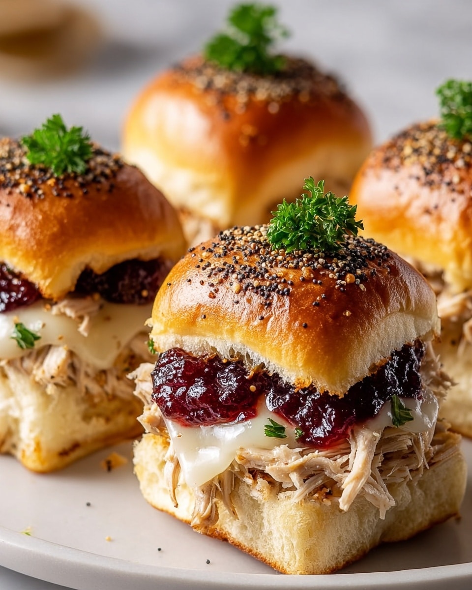 A close-up view of four mini sandwiches on a white plate, placed on a white marbled surface. Each sandwich has three layers: a shiny golden brown top bun sprinkled with black pepper, coarse salt, and green herbs; a middle layer of melted white cheese that drapes slightly over the edges; and a bottom layer of shredded meat topped with chunky dark red cranberry sauce that drips slightly onto the plate. The white buns look soft and slightly toasted at the edges. Photo taken with an iphone --ar 4:5 --v 7
