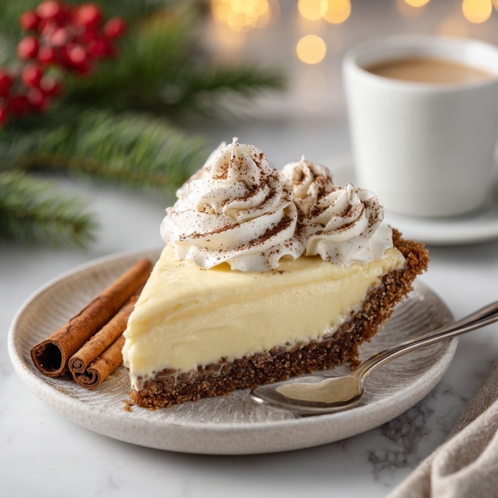 A slice of pie with three layers on a white plate with a cinnamon stick beside it and a fork with an ornate silver handle: the bottom layer is a thick, crumbly, brown crust, the middle layer is a smooth, creamy, light yellow filling, and the top layer is a large swirl of white whipped cream sprinkled with brown cinnamon powder. The slice is dusted lightly with cinnamon powder on top of the creamy layer and on the plate around it, with a scalloped edge crust visible at the back. The background shows a blurred white cup of coffee and a glass of milk with some pine cones and red berries, all on a white marbled surface. photo taken with an iphone --ar 4:5 --v 7