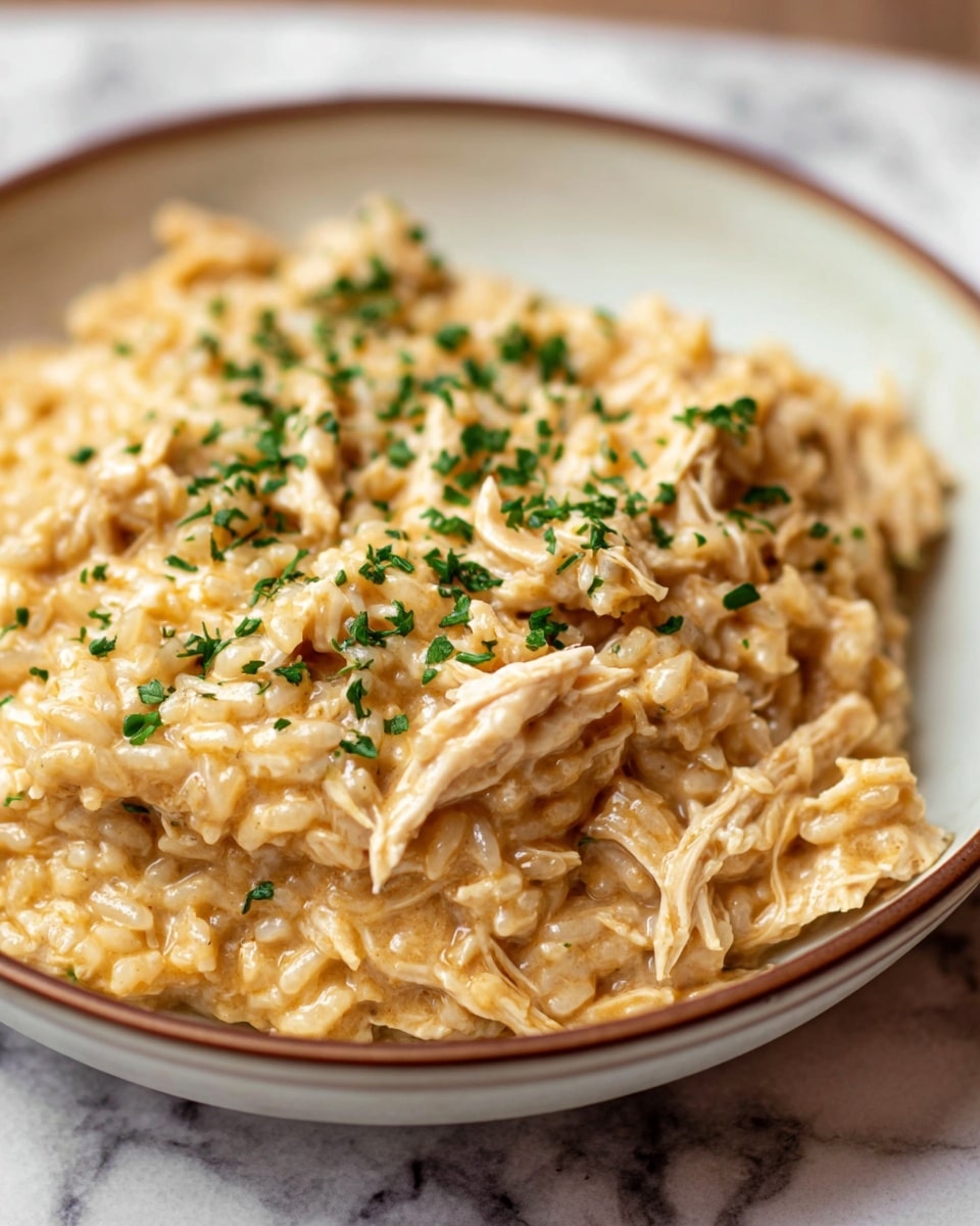 A clear glass baking dish filled with a creamy baked rice casserole that is light golden brown on top and sprinkled with green herbs. The casserole has a soft texture with visible pieces of shredded chicken mixed throughout, shown in a wooden spoon scooping a portion from the center. The inside of the casserole is creamy and white with bits of browned cheese or sauce. The dish rests on a black stove grate against a white marbled countertop. photo taken with an iphone --ar 4:5 --v 7