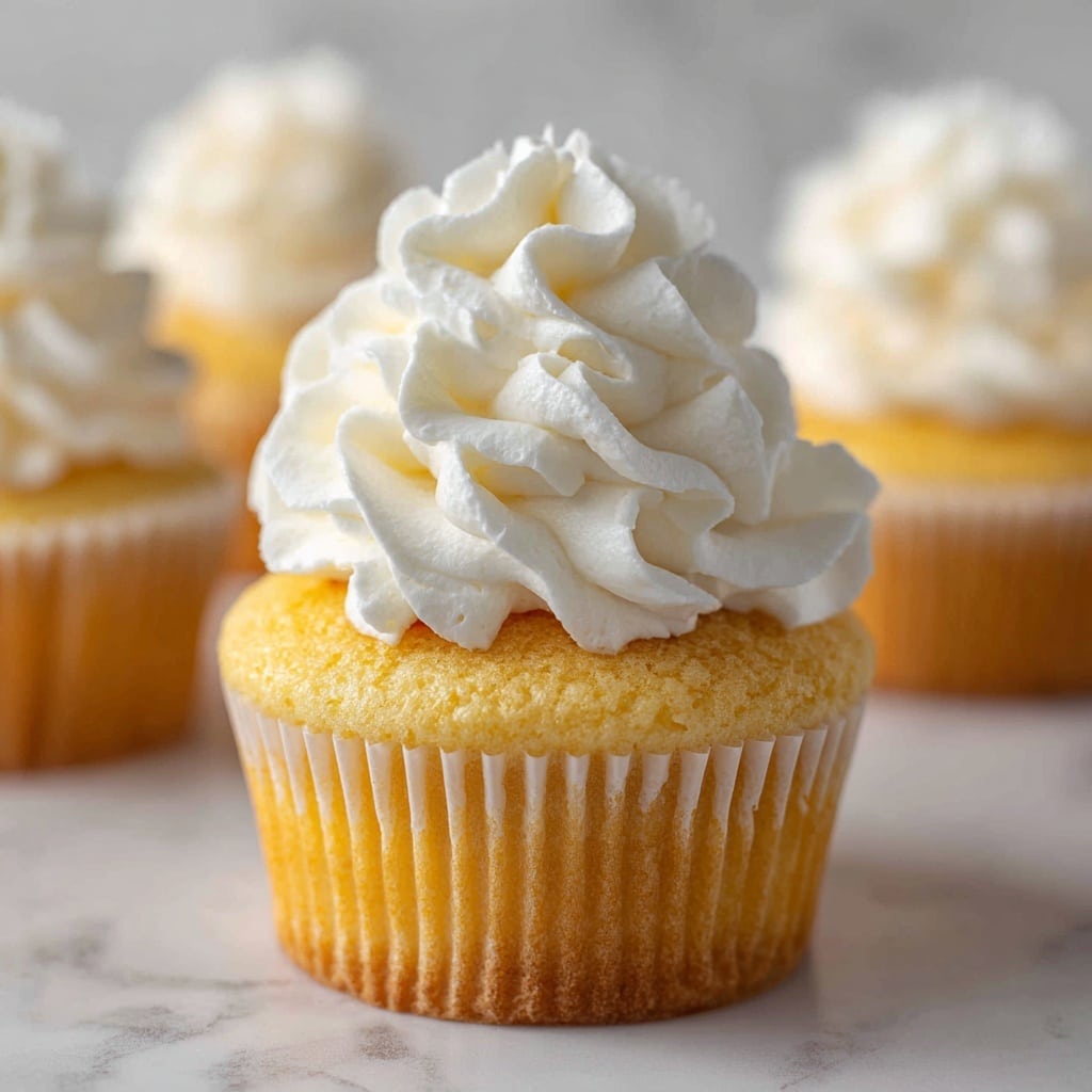 The image shows a close-up of a single cupcake with two main layers. The bottom layer is a golden yellow cupcake with a soft texture, wrapped in a white paper liner. The top layer is fluffy white whipped frosting piped in large, soft swirls with a smooth, creamy texture and slight peaks that give it a wavy, flowing look. There are blurred cupcakes with similar frosting visible in the background. The surface under the cupcake is a white marbled texture. photo taken with an iphone --ar 4:5 --v 7