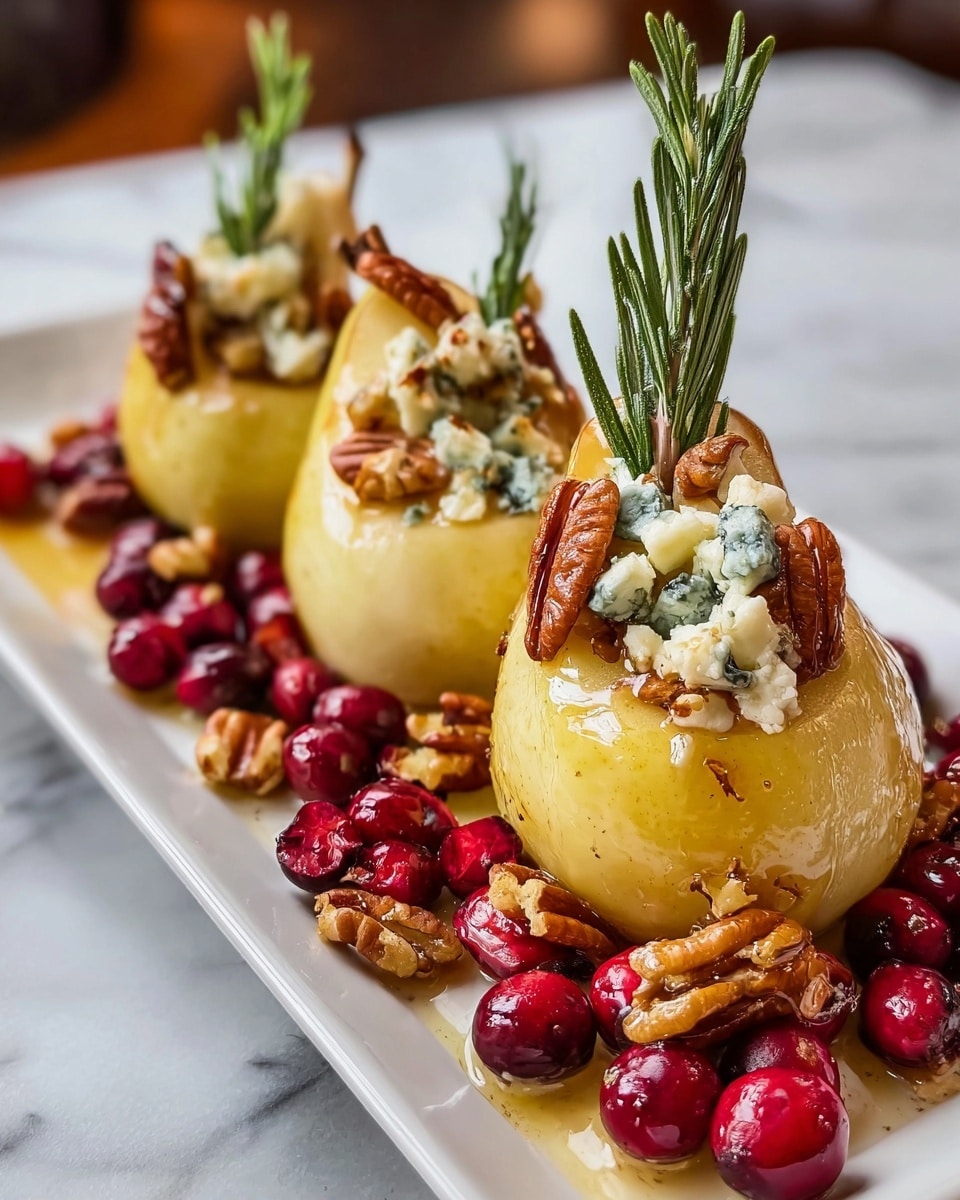 Three pear halves are placed on a white rectangular plate over a white marbled surface. Each pear half is filled with a mix of blue cheese cubes and chopped walnuts, drizzled with a shiny honey glaze. A sprig of fresh rosemary stands upright in the center of each pear as garnish. Around the base of the pears are scattered whole and halved red cranberries mixed with additional walnut pieces, creating a colorful border. The lighting highlights the juicy texture of the pears and the glossy honey drizzle. Photo taken with an iphone --ar 4:5 --v 7