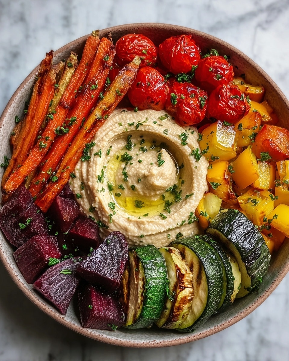 A bowl filled with six main parts arranged in a circular pattern, starting with a center layer of creamy beige hummus topped with a drizzle of yellow olive oil and sprinkled with green parsley. Around the hummus, clockwise: bright red roasted cherry tomatoes with slight wrinkles, orange roasted baby carrots with herbs, dark purple roasted beet cubes garnished with chopped parsley, golden-yellow grilled bell pepper pieces with char marks, and green grilled zucchini slices with light sear marks and bits of parsley. The bowl is placed on a white marbled surface. photo taken with an iphone --ar 4:5 --v 7