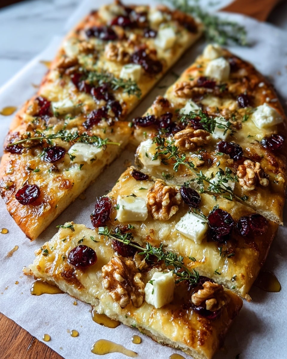 The image shows a thick, golden brown flatbread cut into rectangular slices, with a base layer of melted cheese with a slightly bubbly texture. On top, there are scattered whole walnut halves, dark red dried cranberries, and small, uneven cubes of creamy white cheese. Fresh green sprigs of thyme are placed across the flatbread, giving a fresh look. The flatbread rests on white parchment paper that is on a white marbled surface, with a light drizzle of honey around the edges adding a shiny touch. photo taken with an iphone --ar 4:5 --v 7