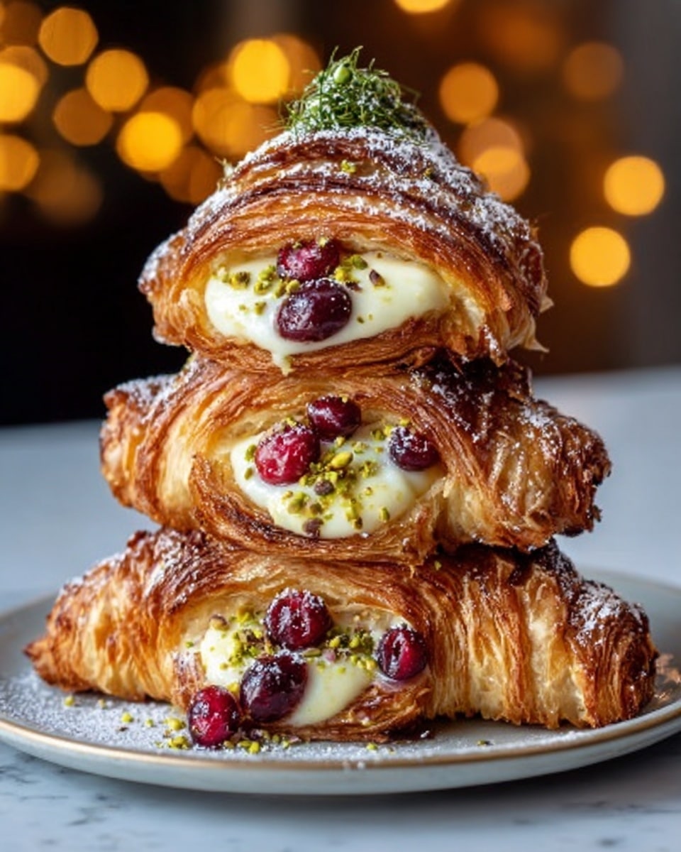 The image shows a stack of six golden-brown croissants shaped like a small tower, each layer slightly smaller than the one below. Between the croissant layers, there is a smooth, light cream filling that looks soft and glossy. Some bright red berries, possibly cranberries, decorate the middle and top layers. There is a sprinkling of crushed pistachios and tiny green bits scattered over the croissants, adding texture and color contrast. A small decorative green sprig sits at the very top of the tower. The croissant stack is on a white plate with a white marbled surface in the background, and a woman's hand is gently holding one side of the plate. photo taken with an iphone --ar 4:5 --v 7