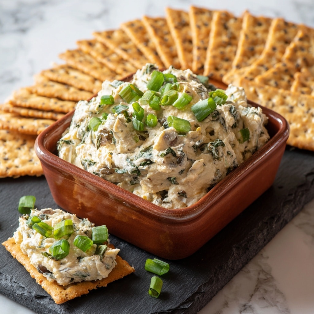 The image shows a square terracotta dish filled with a creamy, light beige spread mixed with small pieces of green herbs and darker bits, topped with chopped green onions scattered on top. The dish sits on a black slate serving board, which also holds several rectangular, thin, textured crackers arranged in a fanned-out stack behind the dish. One cracker rests in front of the dish and is topped with the same spread and chopped green onions. The overall background is a white marbled texture. photo taken with an iphone --ar 4:5 --v 7