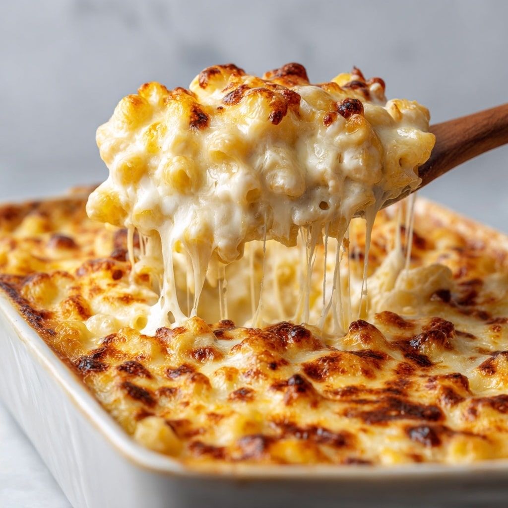 A close-up of a baked macaroni and cheese dish on a white plate, showing a thick, golden-brown top layer of melted and slightly crispy cheese with small green herb sprinkles. The dish has two main layers: the top crispy, browned cheese layer and the soft, creamy melted cheese mixed with macaroni beneath it. Cheese stretches as a wooden spoon lifts a portion from the plate, exposing the gooey inside with tender macaroni covered in creamy white sauce. The background is a white marbled surface. photo taken with an iphone --ar 4:5 --v 7