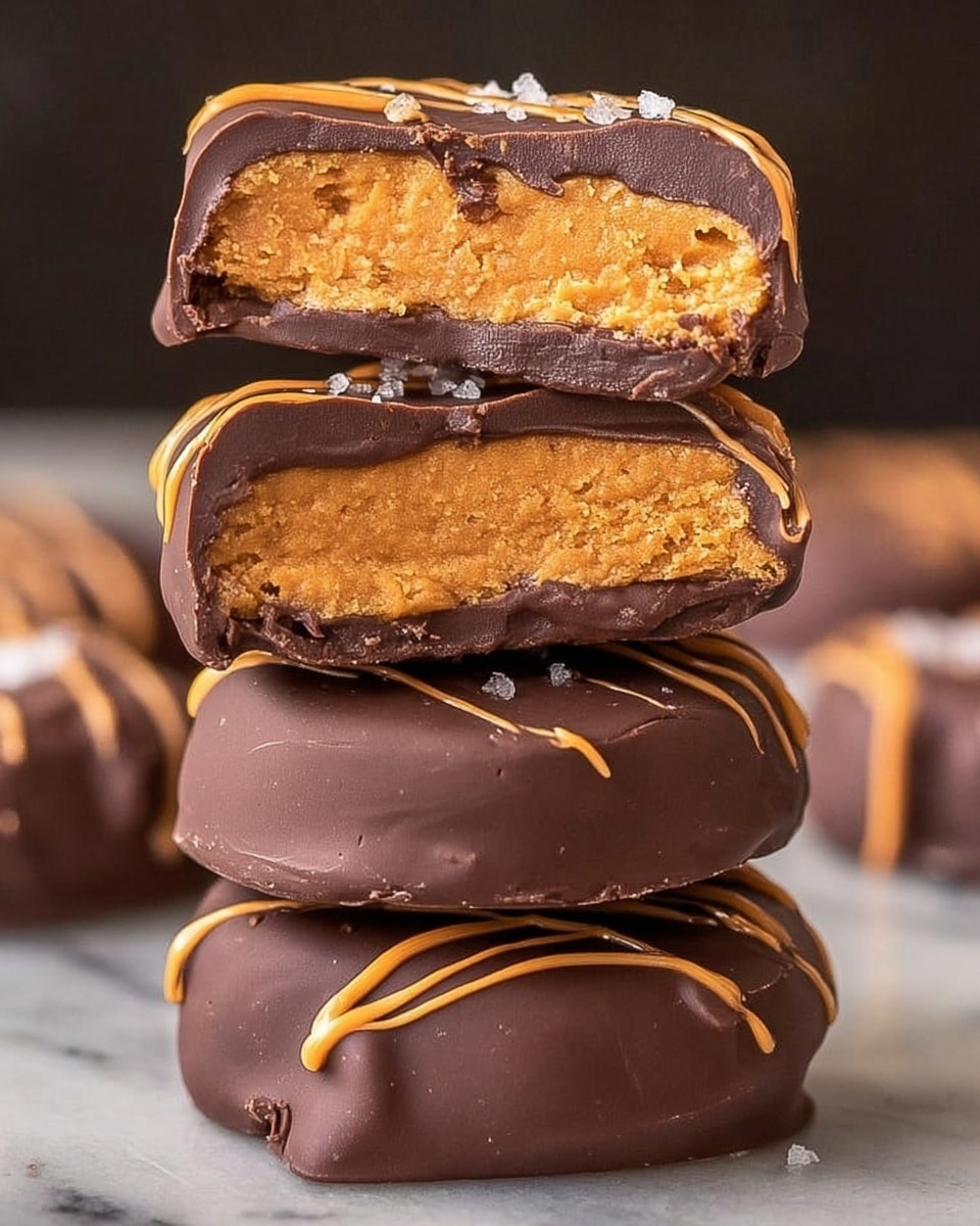 A stack of four chocolate-covered peanut butter treats sits against a blurred white marbled background, with the top treat cut in half to show its inside. Each treat has two main layers: a thick, smooth dark brown chocolate coating on the outside and a dense, crumbly light orange peanut butter filling inside. The chocolate layer is shiny and slightly rough with streaks of drizzled peanut butter sauce in thin lines on top. The treats are rounded with slightly uneven edges, and small white salt flakes are sprinkled on the chocolate surface. Photo taken with an iphone --ar 4:5 --v 7