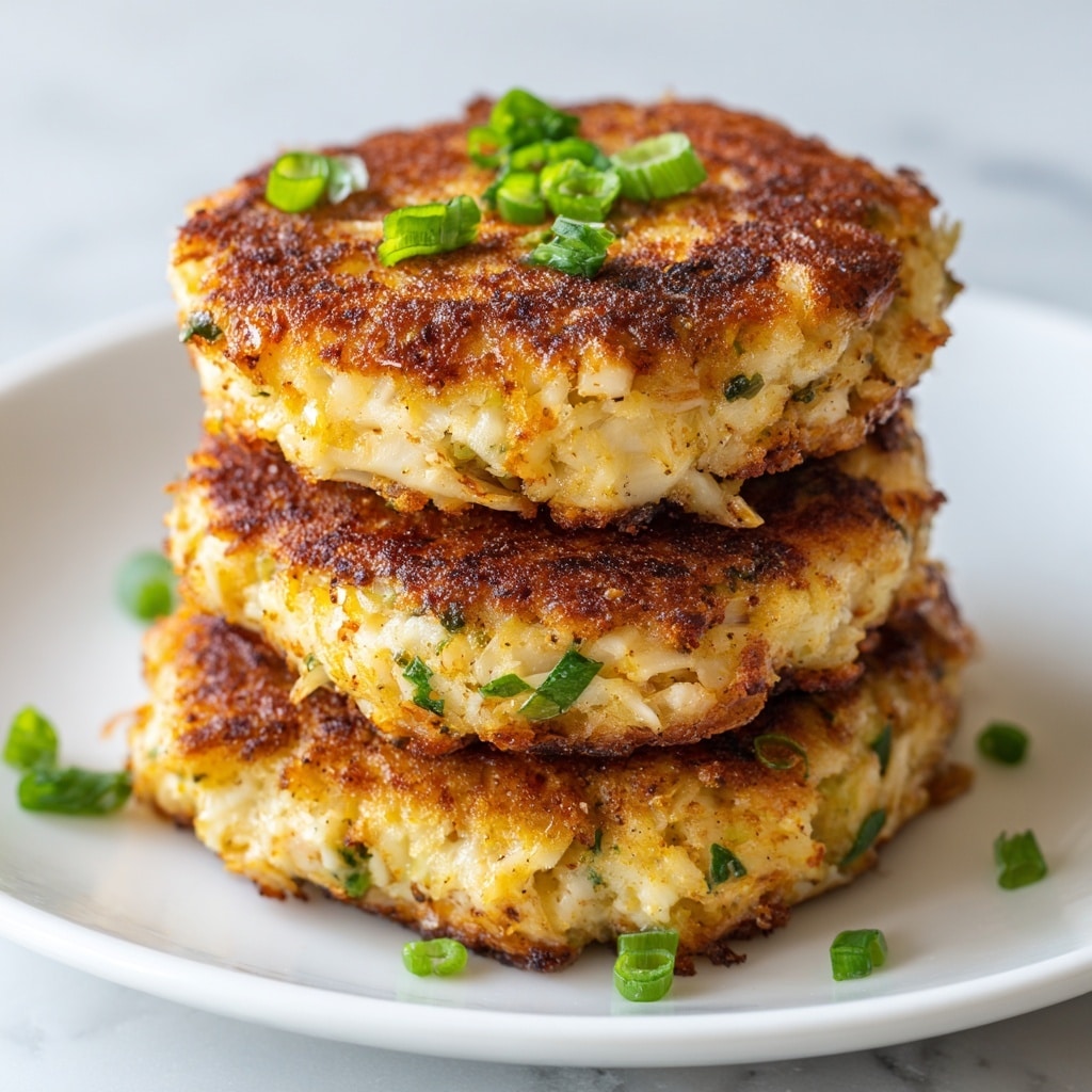 The image shows three golden-brown crab cakes stacked close together on a clean white plate. Each crab cake has a crispy, slightly uneven texture with visible pieces of crab meat and small green onion slices on top as garnish. The crab cakes have a warm, lightly fried color with some darker browned spots, showing a nice crust. The background is a smooth white marbled texture, making the crab cakes stand out clearly. Photo taken with an iphone --ar 4:5 --v 7