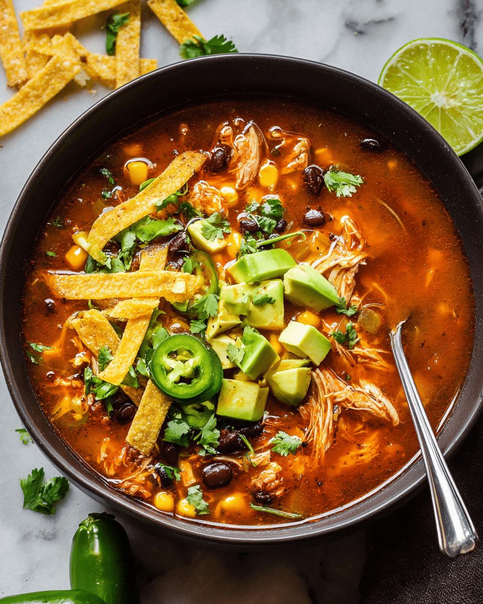 This image shows a white pot filled with a thick soup that has a reddish broth. The soup has visible shredded chicken, yellow corn kernels, and black beans mixed evenly throughout. On top of the soup are several thin, crispy yellow tortilla strips arranged in layers, along with a few slices of fresh green jalapeno and chopped green cilantro sprinkled across. A wedge of lime can be seen partially submerged on one side. A wooden spoon is scooping up some of the soup, showing the texture and ingredients clearly. The pot is sitting on a white marbled surface with a bunch of fresh green cilantro placed next to it. photo taken with an iphone --ar 4:5 --v 7