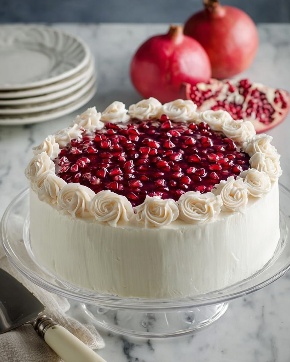 A round cake with smooth white frosting covers all sides, topped with a glossy dark red layer filled with shiny pomegranate seeds. Around the top edge, there is a ring of white frosting piped into swirled rosettes. The cake sits on a clear glass stand against a white marbled background. Nearby, there are two whole pomegranates, a cake server with a white handle, and a stack of white plates. Photo taken with an iphone --ar 4:5 --v 7