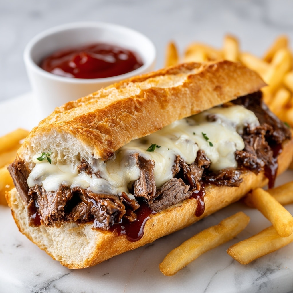 The image shows a sandwich with a toasted, golden-brown long bun on top and bottom. Inside the sandwich, there are many small pieces of cooked dark brown steak layered on melted white cheese that sits directly on the bottom bun. Around the sandwich, there are thin, yellow French fries scattered on a white marbled surface. In the background, there is a small white bowl filled with thick red ketchup. photo taken with an iphone --ar 4:5 --v 7