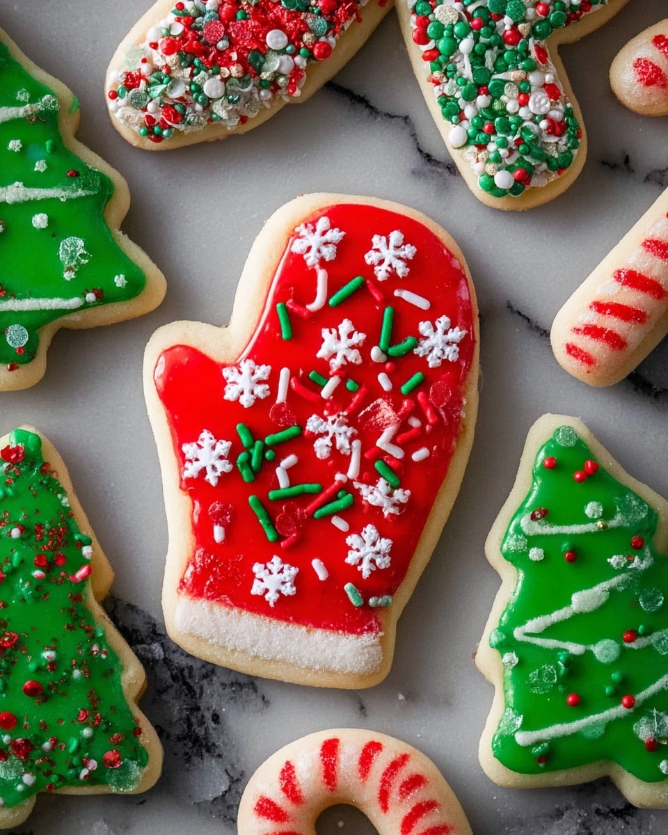 The image shows an assortment of Christmas-themed sugar cookies laid out on a white marbled surface. There are six cookies in total, including three green Christmas tree shapes decorated with different styles of sprinkles—one with red, white, and green sprinkles, another with white elongated sprinkles, and the third with green sugar crystals and some red and white sprinkles. In the center, a red mitten-shaped cookie is decorated with white crushed candy pieces. To the right, there's a white candy cane-shaped cookie with red and green sprinkles and white candy bits. At the bottom, another candy cane cookie is covered in red icing and topped with multicolored round sprinkles. Each cookie has a smooth layer of brightly colored icing on top of a thick, golden-baked dough base. Photo taken with an iphone --ar 4:5 --v 7