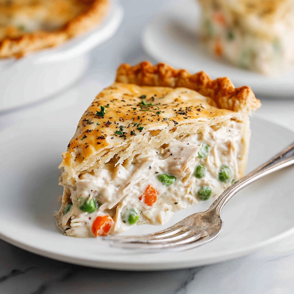 A close-up image of a slice of vegetable pot pie on a white plate, showing three main layers. The bottom layer is a creamy, white sauce mixed with tender, shredded chicken. The middle layer contains bright green peas and soft, orange carrot slices, all coated in the creamy sauce. The top layer is a golden-brown, flaky pie crust sprinkled with black pepper and small green herb bits. A silver fork rests on the plate next to the slice. The background shows another pie in a white dish on a white marbled surface. photo taken with an iphone --ar 4:5 --v 7