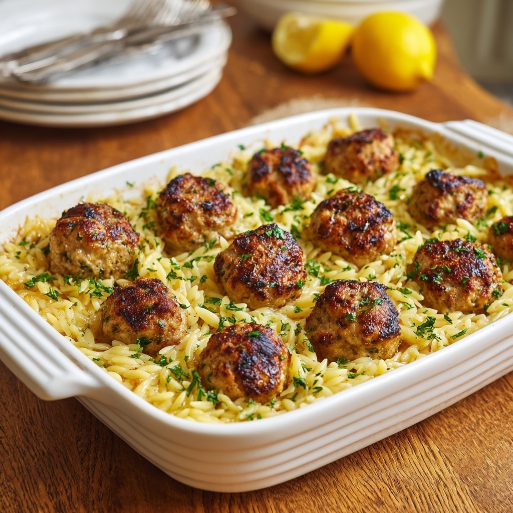A white rectangular baking dish filled with a layer of short, yellow pasta pieces at the bottom, topped with two rows of golden-brown meatballs. Each meatball has a slightly crispy, browned crust and is sprinkled with small green parsley leaves. There are melted cheese and herbs mixed gently within the pasta, adding a soft, creamy texture underneath the meatballs. The edges of the dish show some caramelized baked spots, giving it a warm, fresh-from-the-oven look. The dish is on a wooden surface with stacked white plates, forks, and a yellow lemon blurred in the background. Photo taken with an iphone --ar 4:5 --v 7