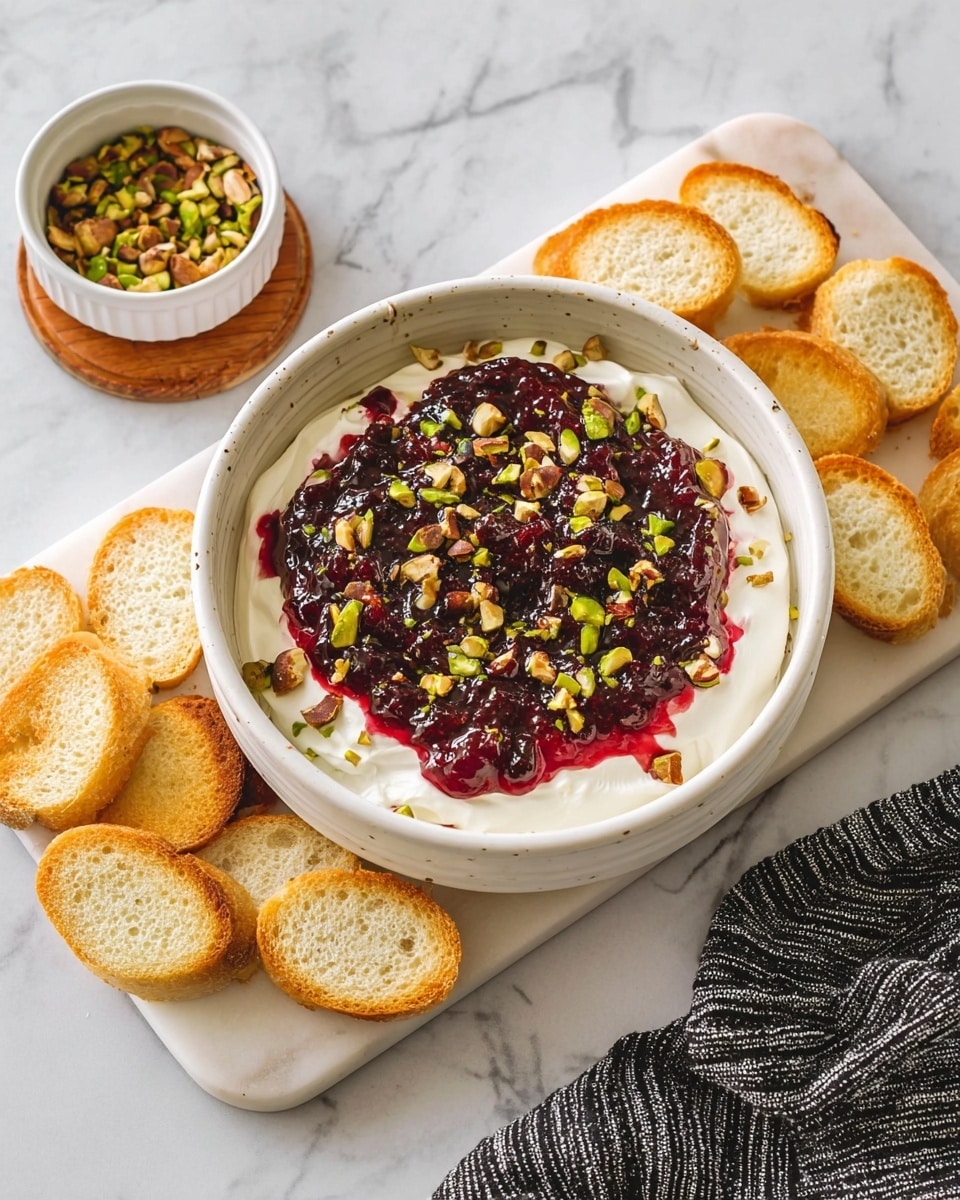 A bowl with three layers: the bottom layer is smooth white cream filling the bowl, the middle layer is a thick, dark red fruit jam spread evenly on top, and the top layer is scattered with chopped green and brown nuts. The bowl is placed on a white marbled surface with slices of light-colored toasted bread around it. Next to the bowl is a small white bowl with more chopped nuts on a wooden coaster, and a black and white striped cloth is draped to the right side. photo taken with an iphone --ar 4:5 --v 7