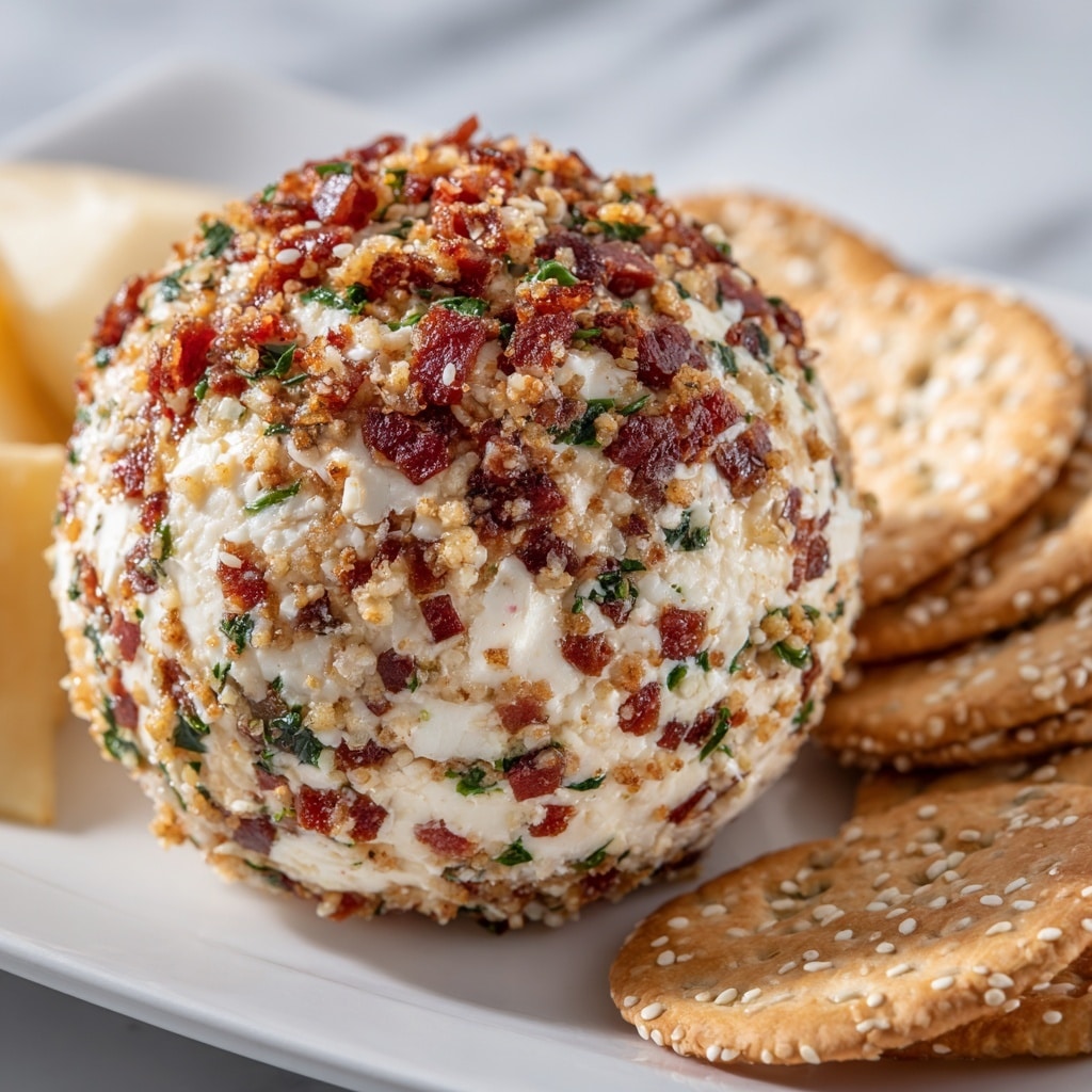 A round cheese ball covered in thin, rectangular pieces of reddish cured meat, with small bits of white cheese visible between the meat pieces. The ball sits on a white marbled surface sprinkled with extra pieces of the same cured meat around its base. The meat pieces create a rough texture on the ball, giving it a layered look. photo taken with an iphone --ar 4:5 --v 7