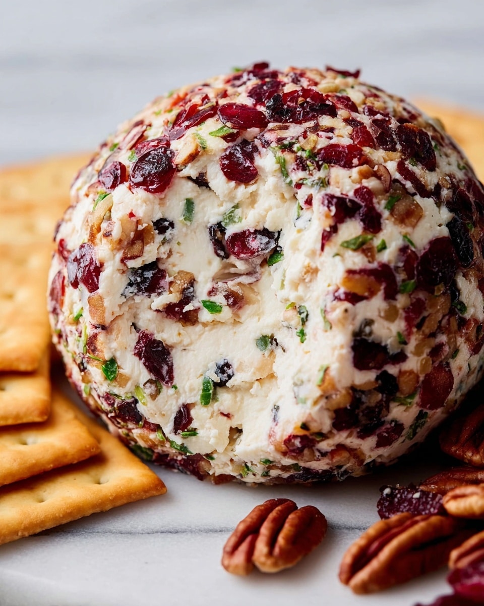 A round cheese ball covered in a dense layer of dried cranberries and chopped brown pecans mixed with small green herb bits, showing a firm creamy white cheese interior where part of the ball is scooped out. The cheese ball sits on a white marbled surface, surrounded closely by light golden square crackers with a rough texture. Photo taken with an iphone --ar 4:5 --v 7