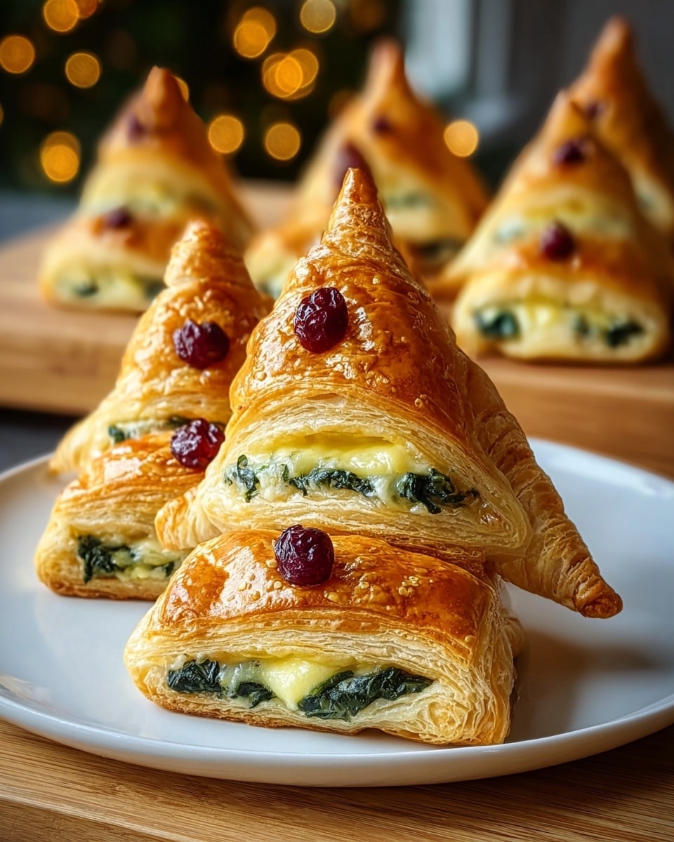 The image shows a group of triangular puff pastries arranged on a white plate with a wooden board on top. Each pastry has three visible layers of golden-brown, crispy, and flaky dough with openings between the layers revealing a creamy white cheese filling mixed with green spinach and a single dark red dried cranberry in each section. The pastries look shiny and well-baked with a textured surface and are placed in a way that makes the front one the focus while more are blurred in the background against warm, blurry lights and a white marbled texture. photo taken with an iphone --ar 4:5 --v 7