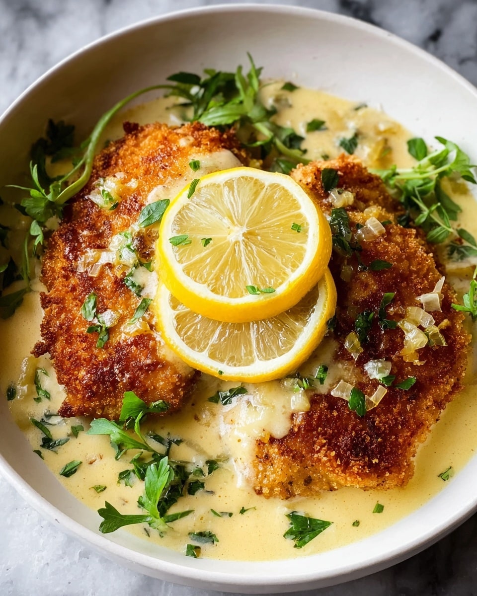 Two crispy golden-brown fried cutlets lie side by side in a shallow layer of creamy light yellow sauce inside a white bowl. Each cutlet is topped with a thin, bright yellow lemon slice and sprinkled with small green herb pieces. The sauce has visible bits of cooked onion and herbs mixed in. Some fresh green herbs peek from beneath the cutlets, adding freshness and contrast to the dish. The bowl rests on a white marbled surface. photo taken with an iphone --ar 4:5 --v 7