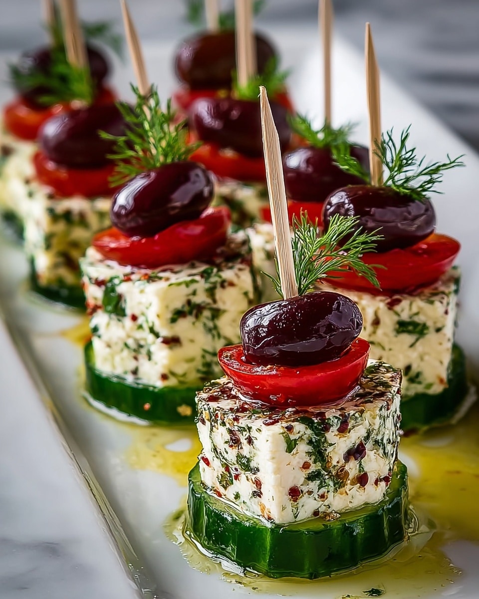 The dish shows small stacks arranged on a white plate, starting with a thick slice of green cucumber at the bottom, topped by a round piece of white cheese mixed with green herbs, giving it a speckled texture. Above the cheese sits a bright red half cherry tomato, followed by a shiny dark purple olive at the top. Each stack is held together by a wooden skewer that goes through all the layers and is decorated with a fresh green dill sprig just under the olive. The plate has a drizzle of golden olive oil and scattered red chili flakes and herbs around the stacks, set on a white marbled surface. photo taken with an iphone --ar 4:5 --v 7