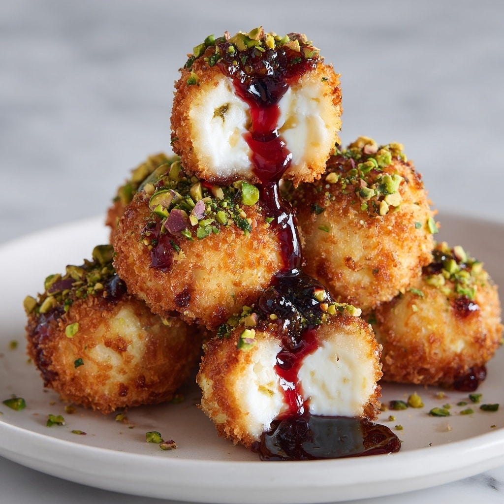 The dish shows seven pieces of fried cheese cubes stacked on a white plate, each coated with a crispy golden-brown crust mixed with green herbs. The cheese inside is smooth and white, slightly melting and soft. On top of each cube, there is a bright red jelly or jam layered thickly, with green chopped pistachios sprinkled over it. Dark syrup drips down the sides of the cheese, pooling slightly on the plate, adding a glossy finish. The background is a white marbled surface. photo taken with an iphone --ar 4:5 --v 7