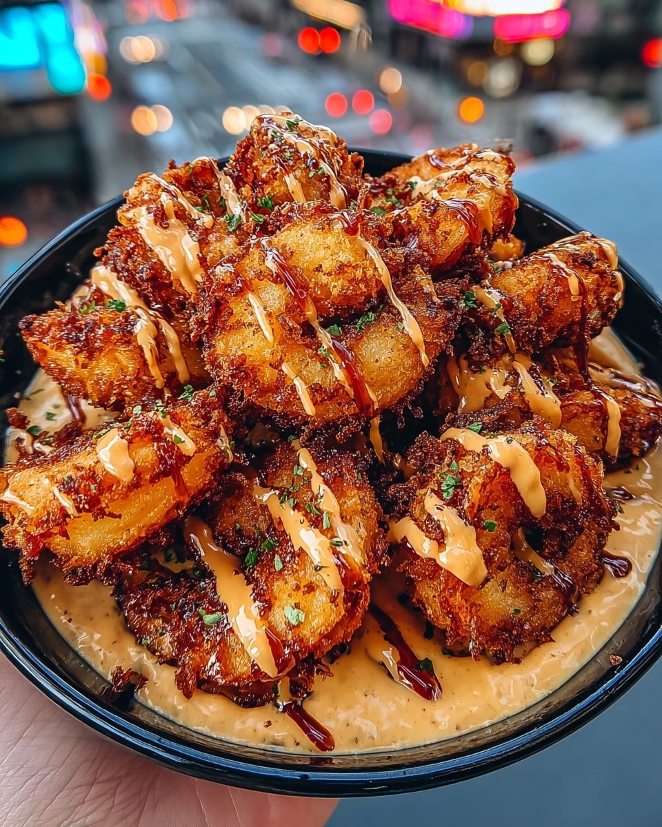 A black bowl filled with several pieces of crispy, golden brown fried shrimp, each piece showing a crunchy texture with some darker brown edges. The shrimp are stacked on top of a thick, creamy light orange sauce with visible specks of seasoning. Drizzled on the shrimp is a darker brown sauce and an additional drizzle of a similar light orange sauce with spices, adding contrast and shine to the shrimp. The bowl is held by a woman's hand against a blurred city light background. photo taken with an iphone --ar 4:5 --v 7
