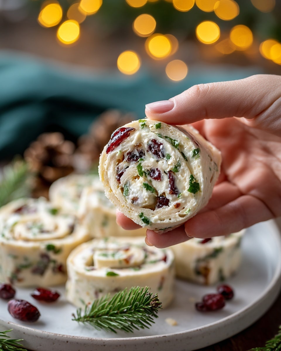 A close-up view of a soft, white cream cheese roll with visible chopped green herbs and small bits of red dried cranberries evenly spread inside rolled layers of a pale tortilla, held delicately by a woman's hand, with several similar pinwheel slices arranged on a white plate in the blurred background, set on a white marbled surface decorated with pine cones and green pine needles, warm yellow bokeh lights softly glowing in the background, creating a cozy festive feel, photo taken with an iphone --ar 4:5 --v 7