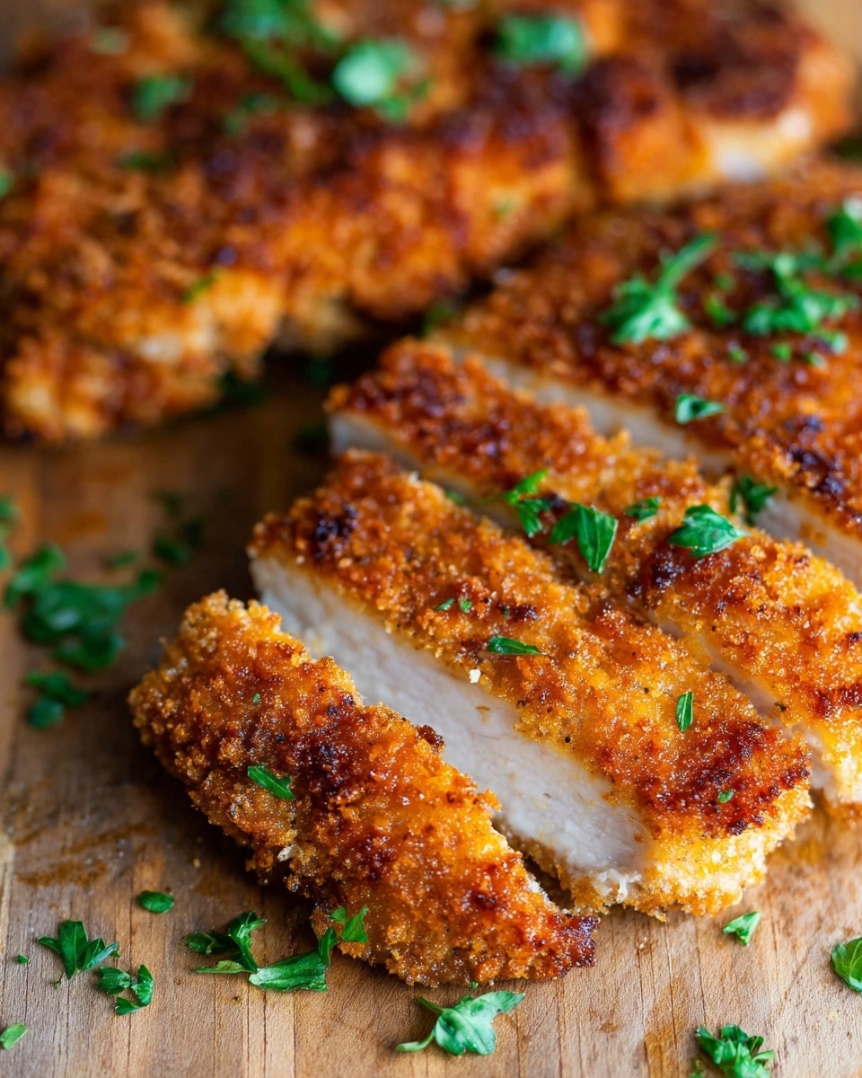 The image shows a close-up of two pieces of golden brown breaded chicken cut into slices, placed on a wooden chopping board with some green parsley leaves scattered on and around the chicken. The chicken breading looks crispy with a rough texture and a few darker toasted spots. The bright green parsley adds a fresh contrast on top of the warm-toned crispy chicken and light wood background. photo taken with an iphone --ar 4:5 --v 7
