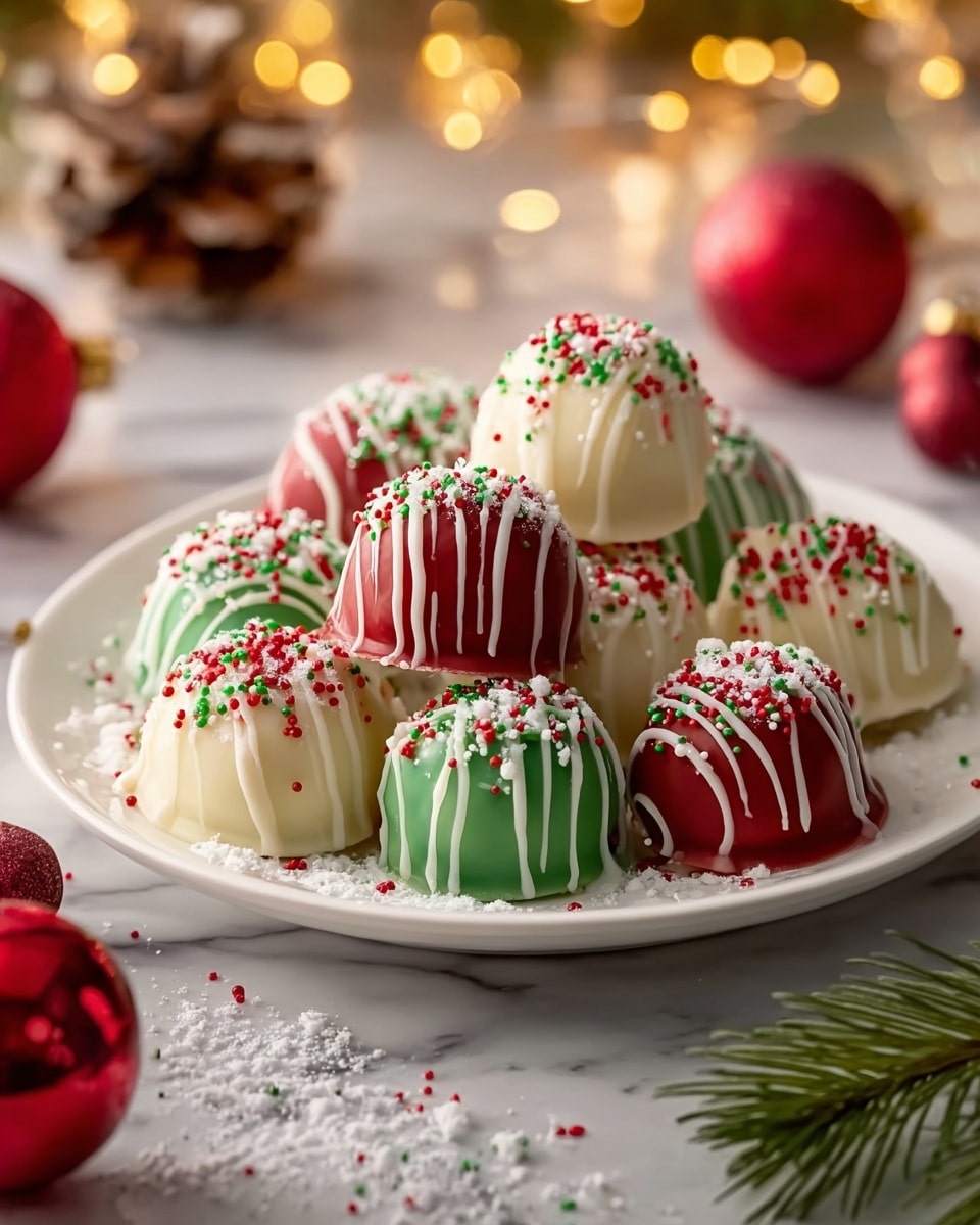 A white plate piled high with spherical treats, each covered in a smooth layer of white or red coating, arranged in three visible layers. The white coated treats have a slightly glossy texture with red and green crushed sprinkles on top, and thin white drizzle lines running down their sides. The red coated treats have the same white drizzle and sprinkle toppings, creating a festive look. The plate sits on a white marbled surface with blurred golden lights in the background and some green pine branches with red berries around the plate. photo taken with an iphone --ar 4:5 --v 7