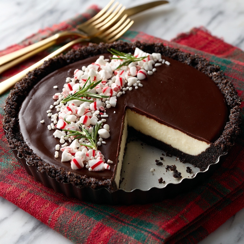 A round tart with a dark chocolate crust forms the base, filled with a smooth, shiny, dark chocolate layer on top. Inside, a thick layer of white cream with a light texture is visible where a slice has been cut and slightly lifted. The tart is decorated with a vertical line of small white sugar beads, crushed red and white candy pieces, and green sprigs of rosemary placed neatly on one side. The whole tart sits on a white marbled textured surface, with two golden forks placed beside it. photo taken with an iphone --ar 4:5 --v 7