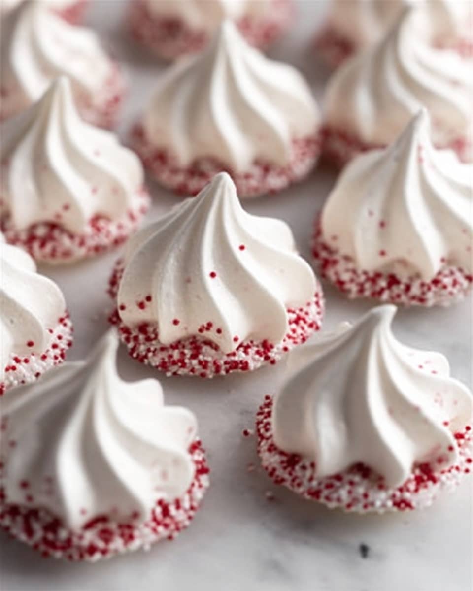 The image shows several small, white meringue cookies with smooth, swirled tops and pointed peaks, each standing on a white marbled surface. Each meringue has a lower edge dipped in crushed red candy pieces, adding a textured, colorful base to the smooth, soft-white upper layer. The cookies are evenly spaced in rows, and the lighting highlights their delicate, airy texture and the bright contrast between the white meringue and red candy bits. Photo taken with an iphone --ar 4:5 --v 7