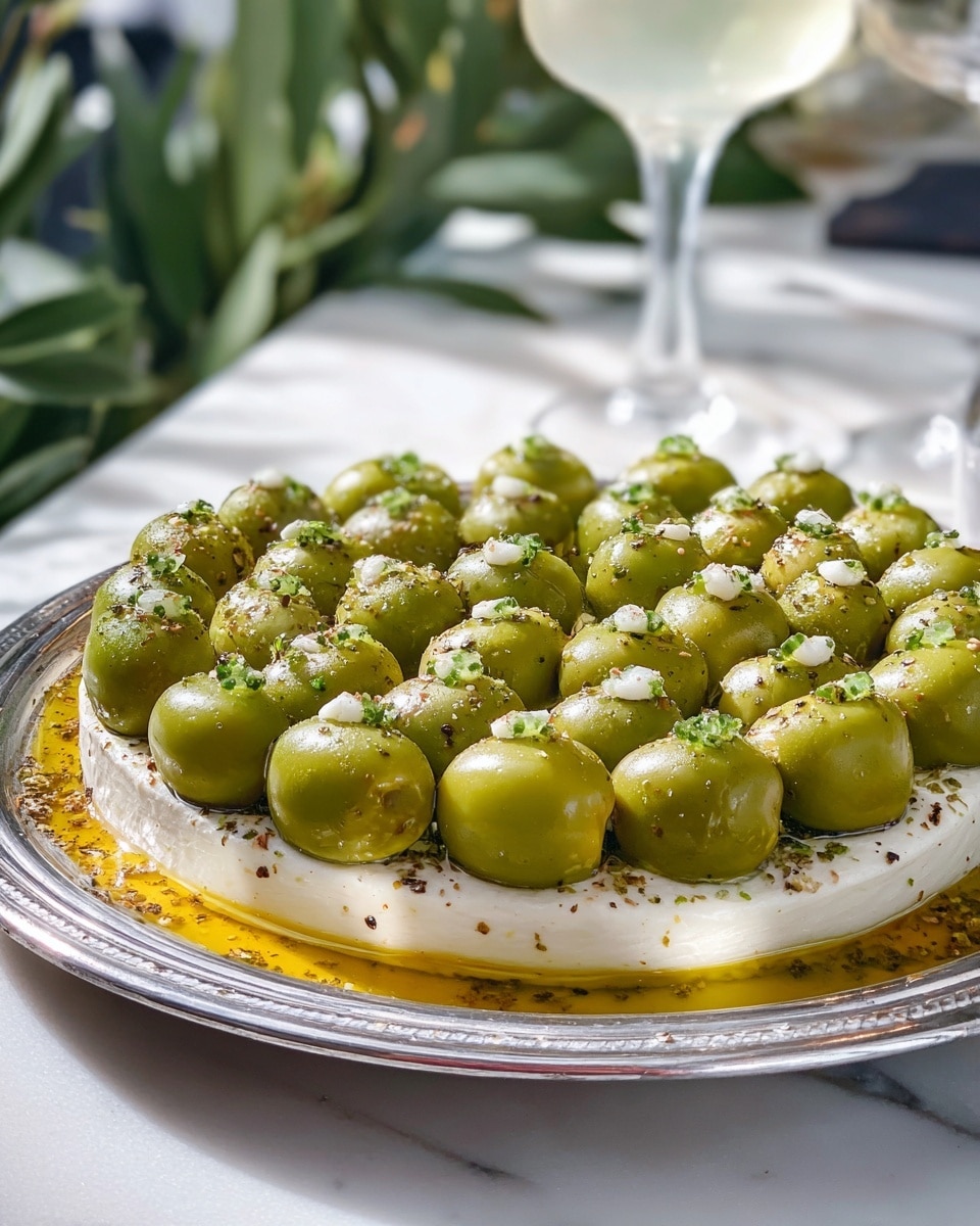 A shiny silver plate filled with neatly arranged green olives in several rows, each olive stuffed with a small amount of white filling. The olives sit on a thick layer of creamy white sauce spread around the edge of the plate, with a drizzle of golden olive oil over the top. Small pieces of chopped green herbs and ground black pepper are sprinkled evenly across the olives and sauce. The plate is placed on a white marbled surface, with blurred background elements including a garlic bulb, leafy greens, and a glass of light yellow drink. photo taken with an iphone --ar 4:5 --v 7