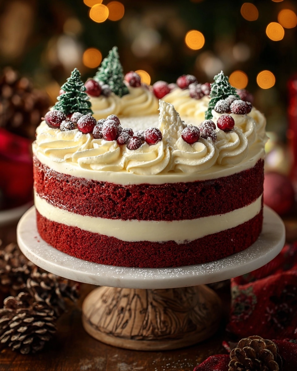 The cake has three main layers starting from the bottom: a deep red sponge cake, a thick white cream layer, and another thick red sponge cake layer, all stacked evenly. On top, there is a smooth layer of white cream decorated with swirls of white frosting around the edges, each topped with small red berries and green Christmas tree-shaped decorations. Some of the berries and frosting are dusted lightly with powdered sugar, adding a festive touch. The cake sits on a rustic, carved pedestal cake stand that contrasts with the white marbled surface underneath. In the background, there are blurred warm lights, pinecones, and holiday decorations creating a cozy holiday mood. photo taken with an iphone --ar 4:5 --v 7