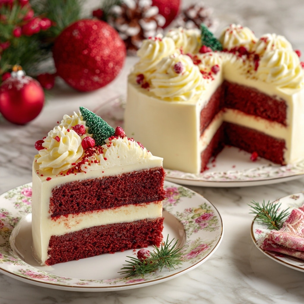 A Christmas red velvet cheesecake is shown with two thick, deep red cake layers sandwiching a creamy white cheesecake layer in the middle. The whole cake is coated smoothly on the outside with white cream. On top, there are big, soft swirls of white cream decorated with red berries, small red sprinkles, and a green Christmas tree decoration. Two slices of the cake are placed on white plates with floral patterns, each slice showing the three layers clearly. One slice is topped with cream swirls, red berries, and a small green pine branch, while the other has cream swirls and red sprinkles. The background has red and green Christmas decorations on a white marbled surface. photo taken with an iphone --ar 4:5 --v 7