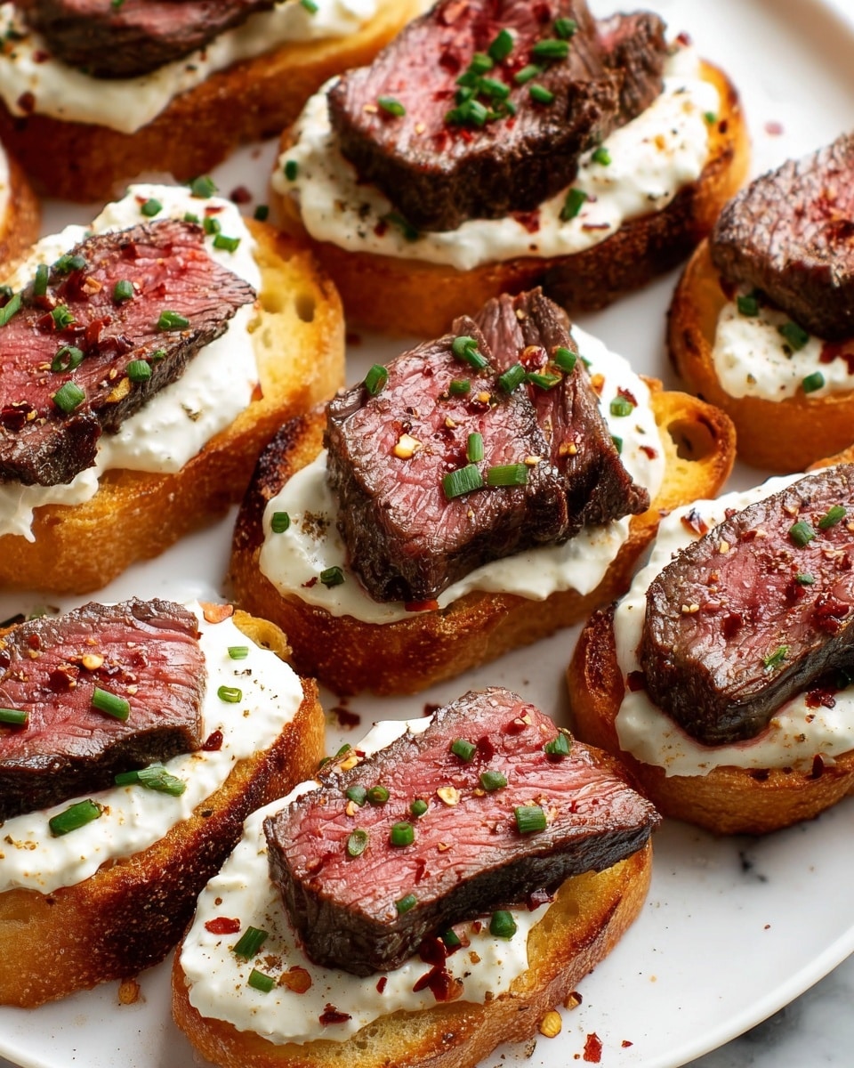The image shows several pieces of toasted bread arranged closely on a white plate, each topped with three layers: a golden brown crispy toast base, a thick layer of creamy white sauce spread unevenly on top, and a slice of medium-rare steak with a seared dark crust and a pink center. Small green chive pieces are sprinkled over the steak, adding a pop of color, along with a light dusting of cracked black pepper and red chili flakes scattered across the toast and plate. The background is a white marbled surface. Photo taken with an iphone --ar 4:5 --v 7