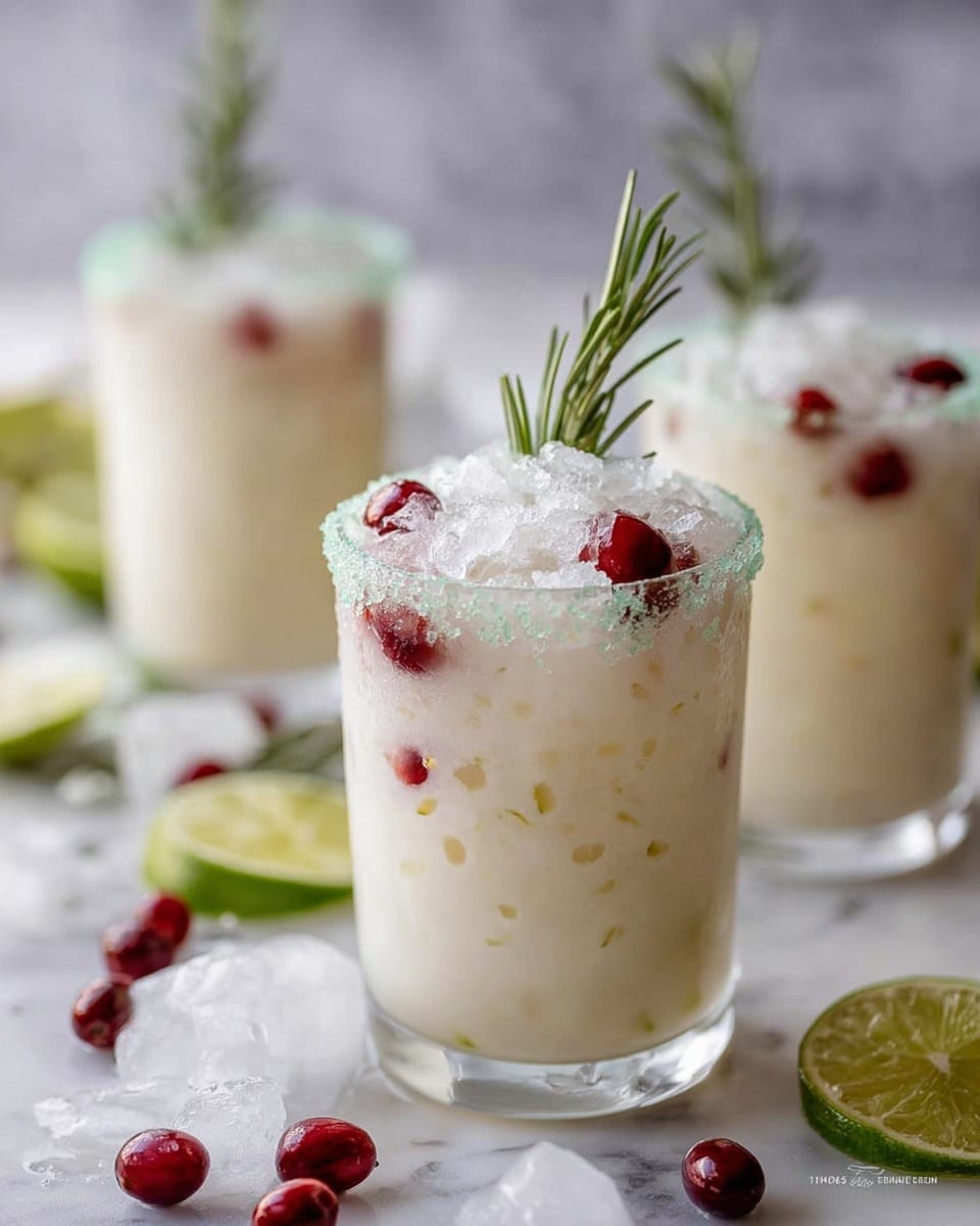 Three clear glasses filled with a creamy white beverage, each glass layered with crushed ice giving a soft and frosty texture throughout. The drinks have a layer of small red berries near the top, adding a pop of color, and are garnished with a green sprig of rosemary standing upright. The rims of the glasses are coated with a light green salt or sugar crust. The glasses are placed on a white marbled surface scattered with a few red berries, lime slices, and ice cubes, creating a fresh and cool atmosphere. Photo taken with an iphone --ar 4:5 --v 7