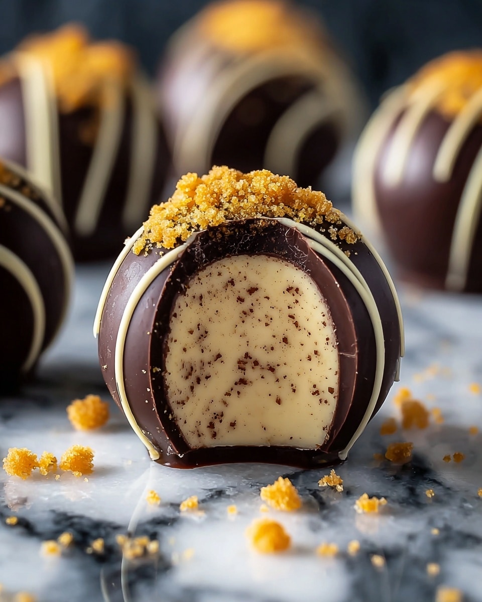 A small round ball of dessert is being dipped into a clear glass bowl filled with smooth, thick dark brown melted chocolate. The ball is coated halfway with the shiny chocolate, held carefully by a silver fork. In the background, several similar round balls are placed on white parchment paper. The setting is on a white marbled surface, giving a clean and bright look. photo taken with an iphone --ar 4:5 --v 7