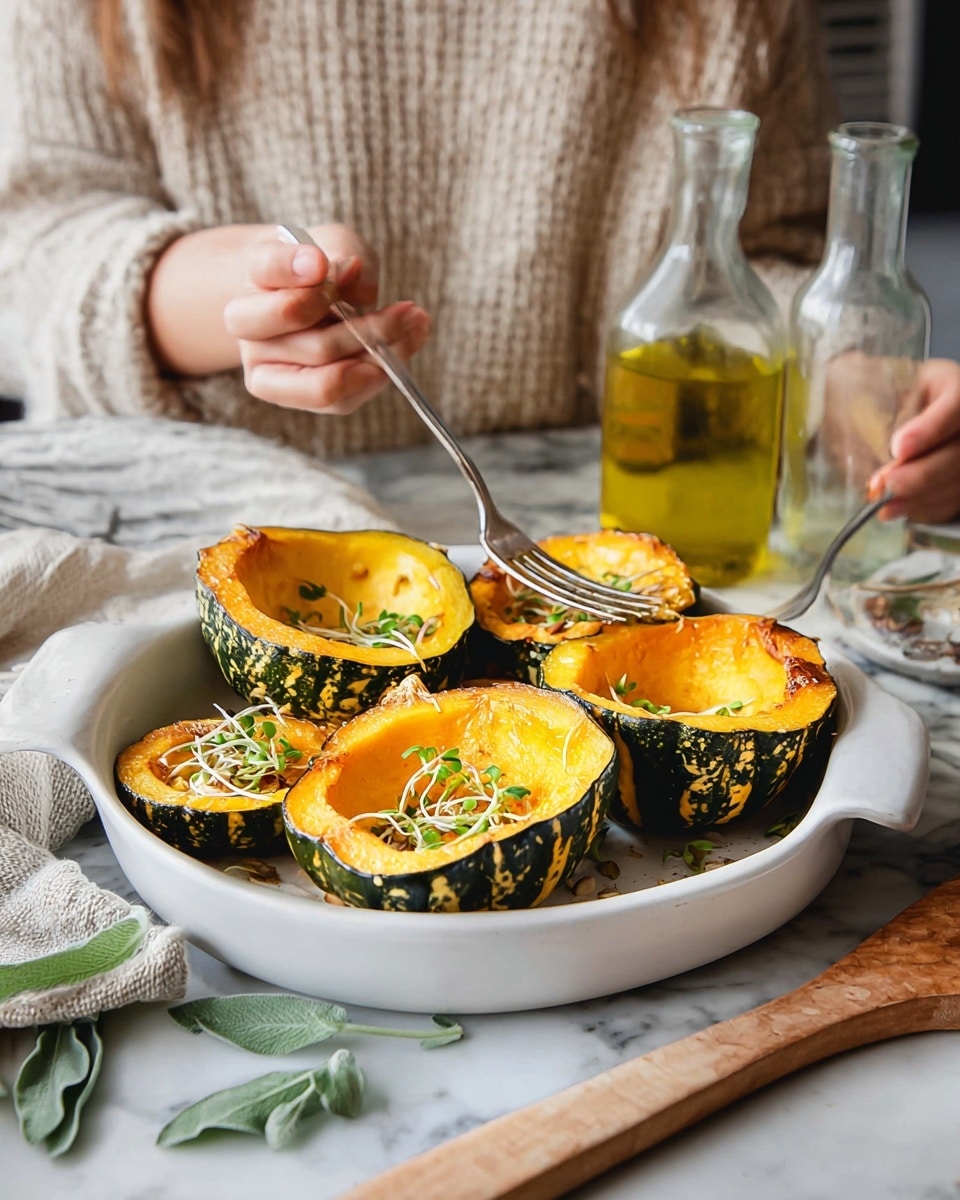 The image shows a white rectangular dish holding five hollowed-out round squash halves with green and orange striped skins, each filled with a bright yellow soft interior. Small green herb sprouts are placed on top of some squash halves. Surrounding the dish on the white marbled surface are fresh sage leaves, a wooden spatula, a wooden bowl with greens, a glass bottle of olive oil, and a bottle of water. A person wearing a cream knitted sweater is holding a spoon in each of their two hands, ready to eat from the dish. photo taken with an iphone --ar 4:5 --v 7