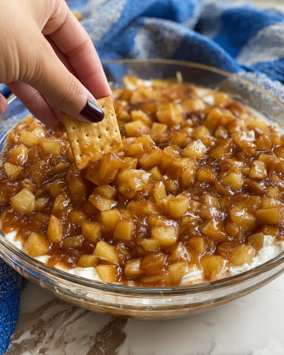 A close-up of a white bowl filled with small diced apples mixed with a shiny brown syrup, giving a moist, juicy texture with a warm cinnamon tone. In the center, a woman's hand with dark brown painted nails is holding a light golden, square cinnamon-flavored cracker dipped into a small scoop of creamy white cheese topped with the apple cinnamon mixture. The background has a soft blue and white patterned cloth, all placed on a white marbled surface. photo taken with an iphone --ar 4:5 --v 7