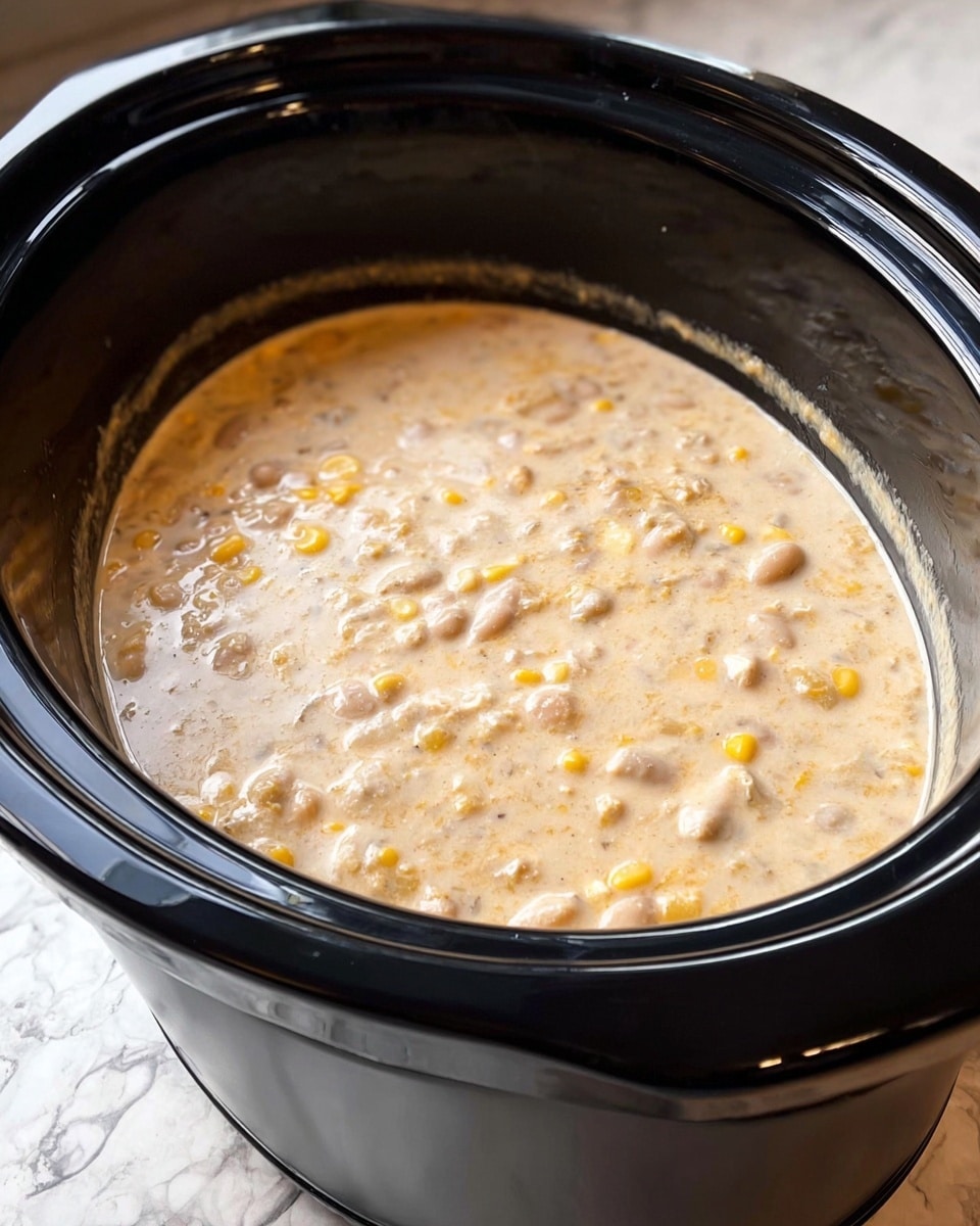 The image shows a thick, creamy white soup with small pieces of corn and finely chopped vegetables mixed throughout. The soup has a slightly grainy texture and is being scooped with a white spoon, which is held by a woman's hand. The soup fills the inside of a pot, and the whole scene is set against a white marbled texture. The focus is on the spoonful of soup showing its dense consistency and mixed ingredients. photo taken with an iphone --ar 4:5 --v 7